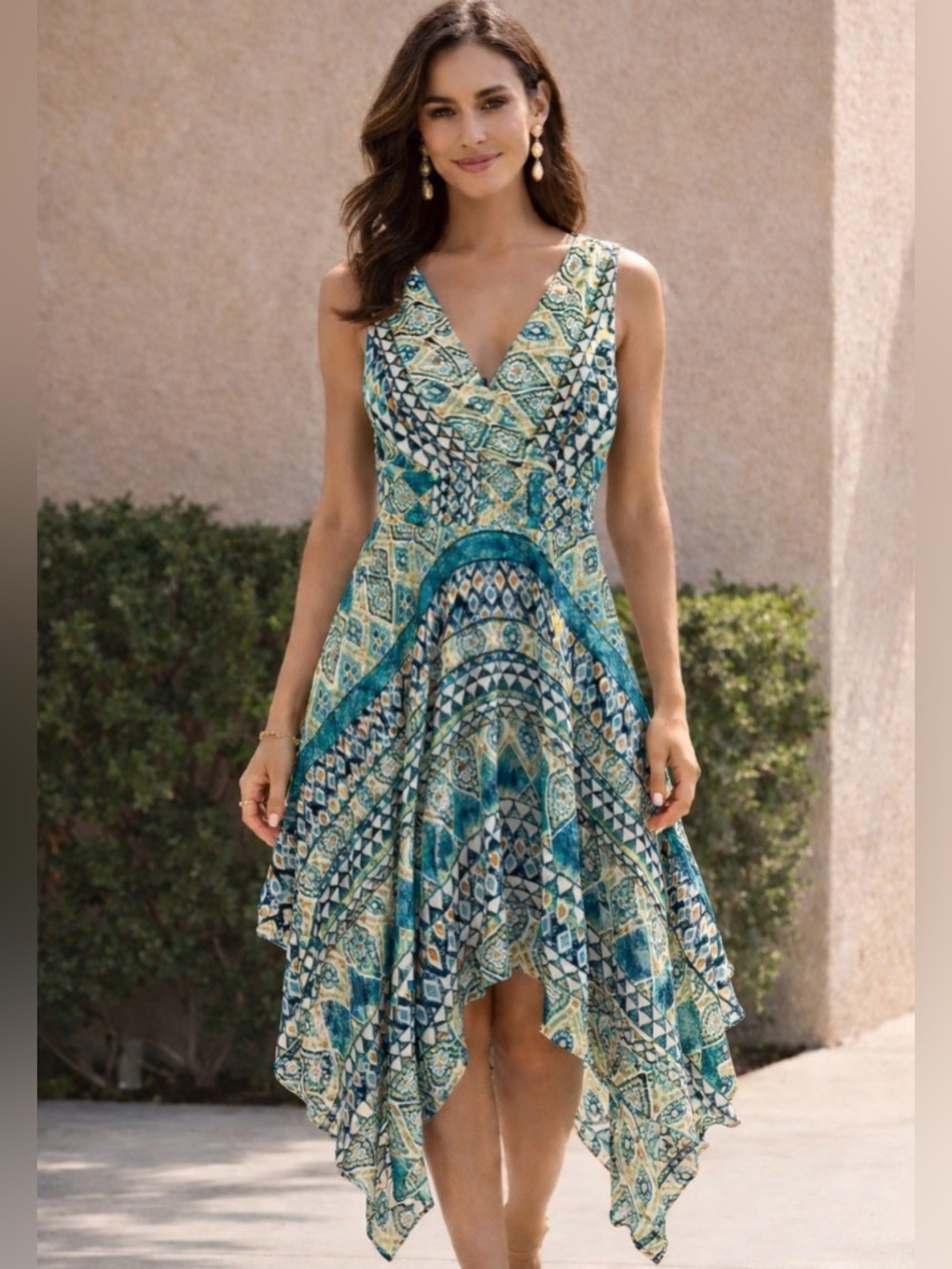 Rabbit Rabbit Rabbit Teal and Aqua Mosaic Asymmetrical Handkerchief Dress